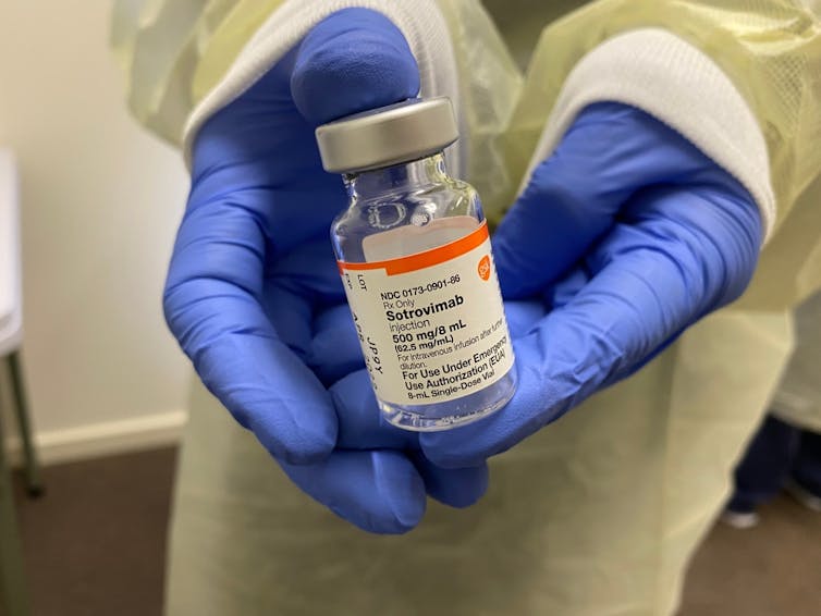 Un soignant tient une fiole de Sotrovimab entre ses mains gantées