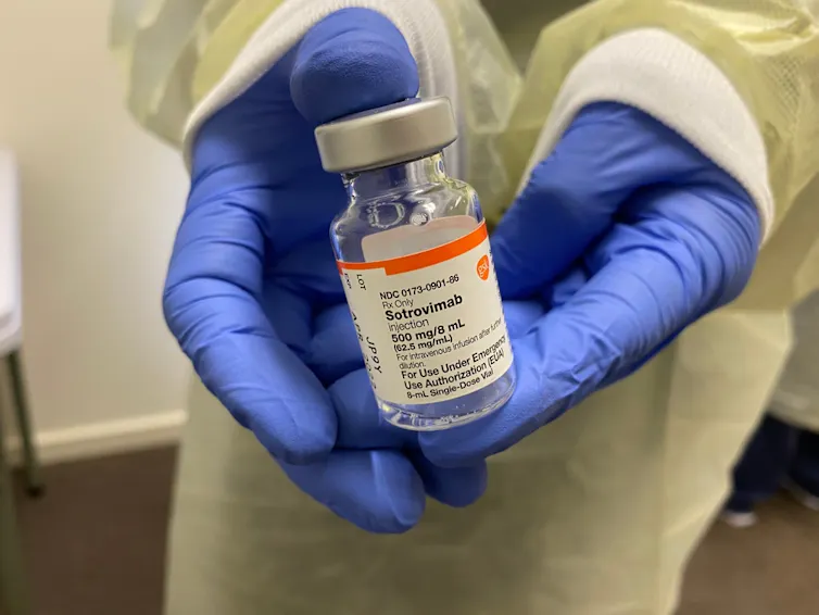 Un soignant tient une fiole de Sotrovimab entre ses mains gantées