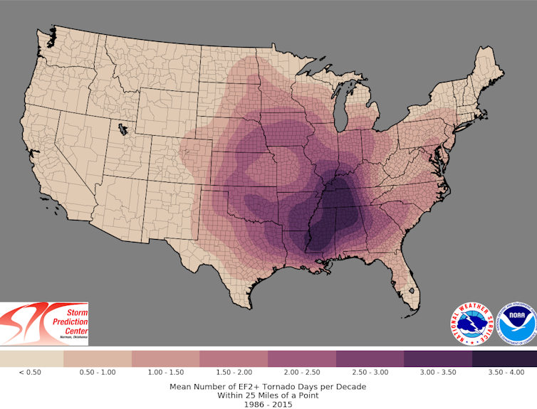 تُظهر خريطة الولايات المتحدة أكبر عدد من الأعاصير في ميسيسيبي وألاباما وغرب تينيسي.