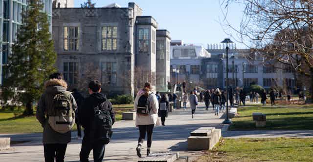 Students walk along a pathway at a university campus.