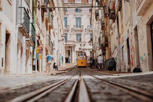 A view upstream of a tramline in Lisbon.