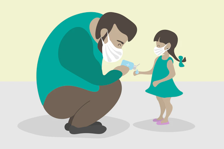 Illustration d'un père mettant du gel hydroalcoolique sur les mains de sa fille.