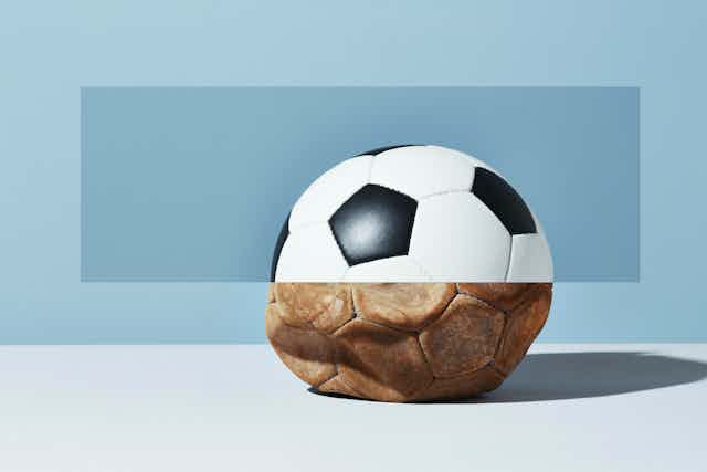 An illustration of a soccer ball. The top half is brand new and shiny; the bottom half battered and deflated from use.
