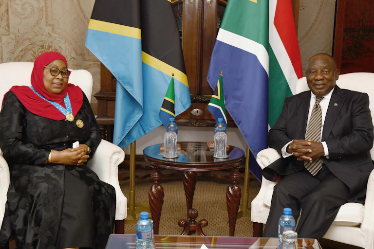 A man and a woman cusp their hands while sitting. Behind them are the flags of Tanzania and South Africa.