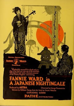 Poster of 'A Japanese Nightinggale' showing a woman standing in front of a large orange sun