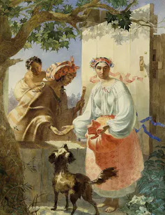 A painting of a woman with a black dog reading a man's palm.
