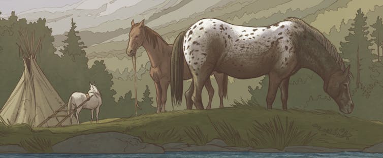 painting of Indigenous horses at a camp on the Great Plains