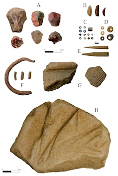 Stone tools, glass and shell beads, bone points, pieces of copper jewellery and pottery