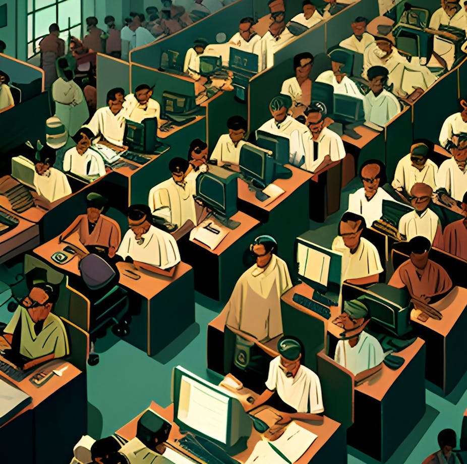 The drawing shows dozens of workers in Madagascar performing data annotation tasks for artificial intelligence on their computers