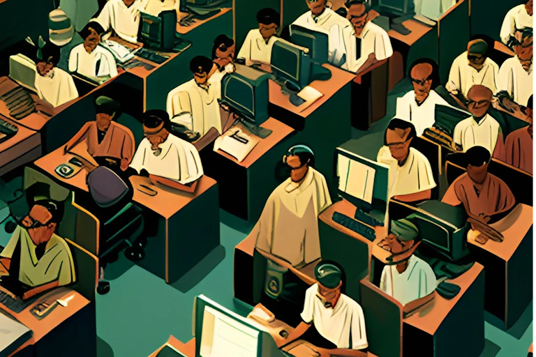 The drawing shows dozens of workers in Madagascar performing data annotation tasks for artificial intelligence on their computers