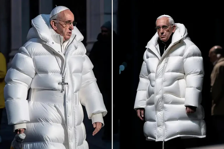 Pope Francis walks in a white exaggerated puffer coat, with a cross pendant worn over the top.