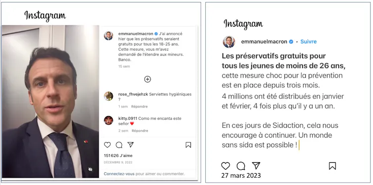 Post Instagram du 9 décembre 2022 et du 27 mars 2023 @emmanuelmacron