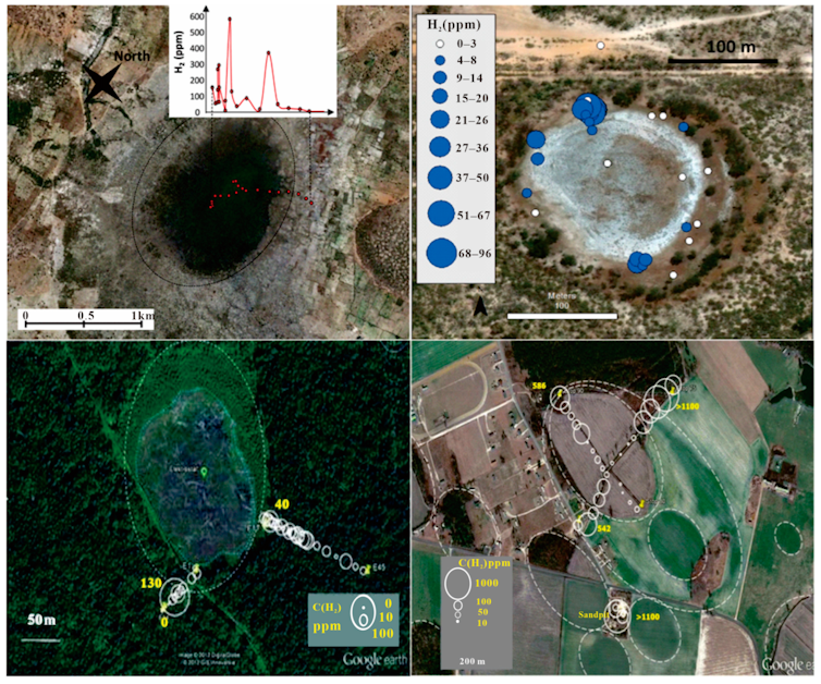Cuatro imágenes de satélite que muestran las zonas de emisión de hidrógeno.