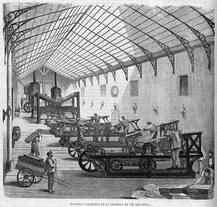 Dibujo de obreros trabajando en la imprenta de un periódico del siglo XIX.