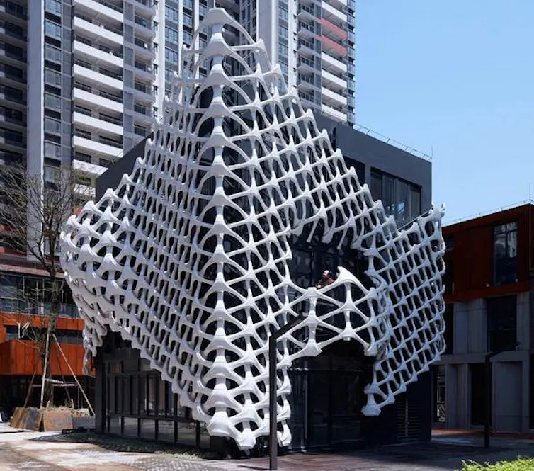 White lattice building façade.