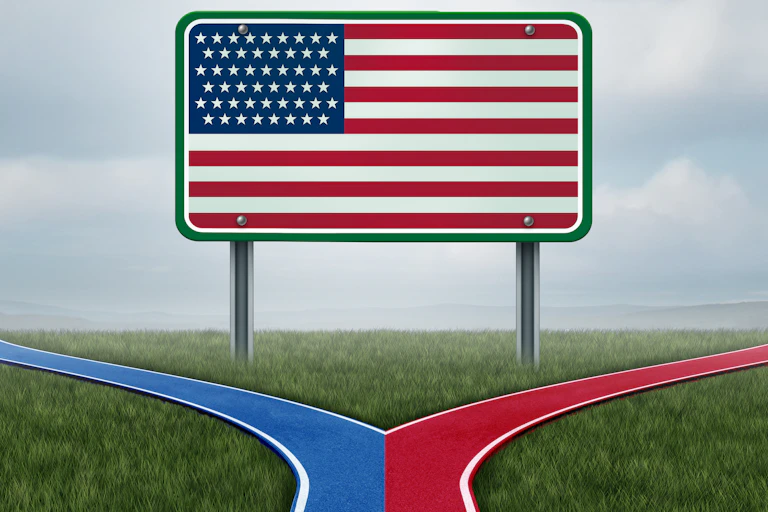 An American flag is seen in an image as a red and blue path heading towards it diverge in different directions