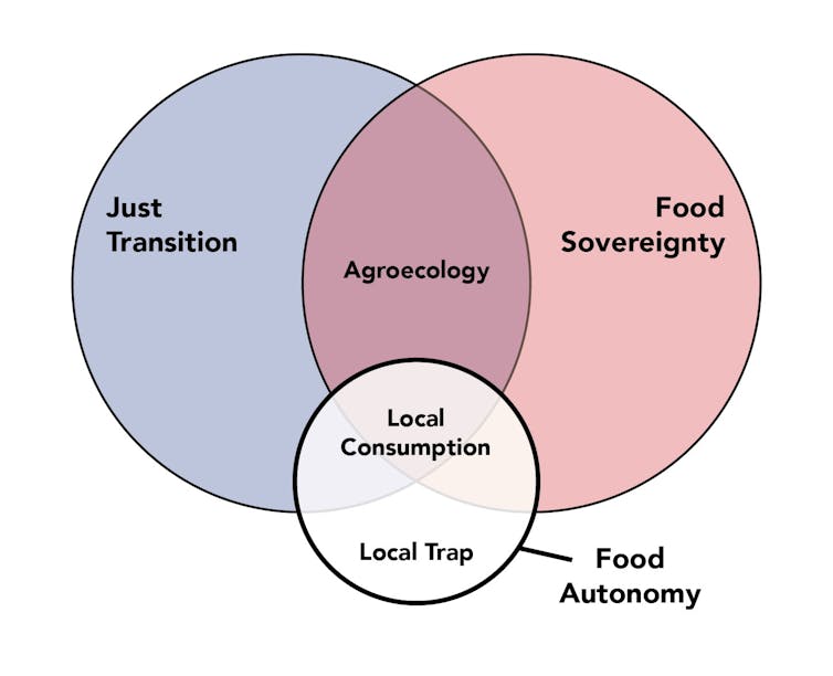 Graphic showing the connections and distinctions between Food Autonomy, the Just Transition, Agroecology, and Food Sovereignty