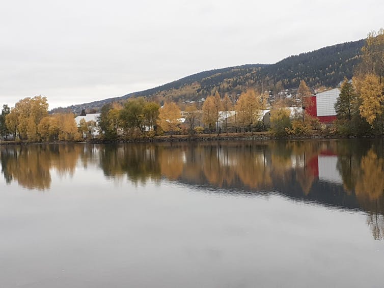 A lake with buildings, trees and a hill on the far side.