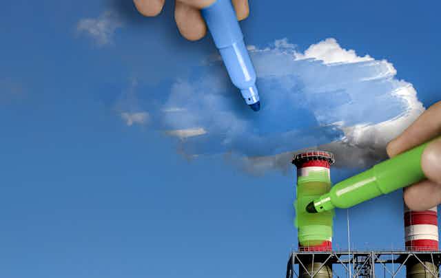 Using textas to colour smokestacks in green and pollution clouds in blue