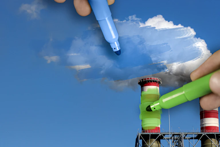 Using textas to colour smokestacks in green and pollution clouds in blue