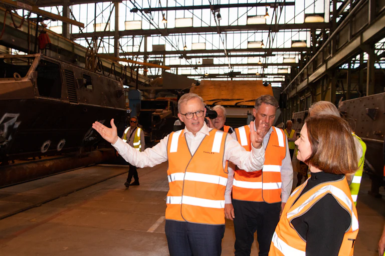Australian Prime Minister Anthony Albanese, Australian Deputy Prime Minister Richard Marles and Federal Member for Bendigo Lisa Chesters during a visit to the Thales Group manufacturing facility in Bendigo, January 27, 2023.