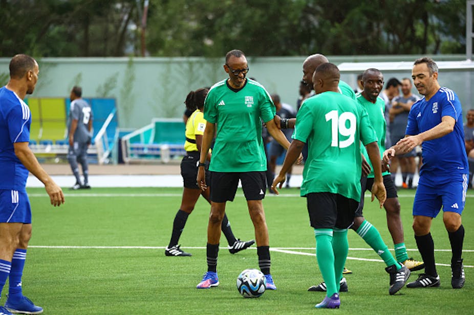 Rwandan president Paul Kagame takes part in mock football during the FIFA Congress Delegation Football Tournament on March 15, 2023 in Kigali, Rwanda