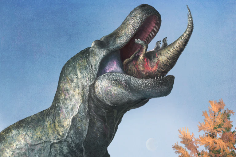 _Tyrannosaurus rex_ swallows a smaller dinosaur with lipped jaws.