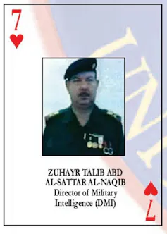 A playing card with the picture of an Iraqi army officer designated as the seven of hearts.