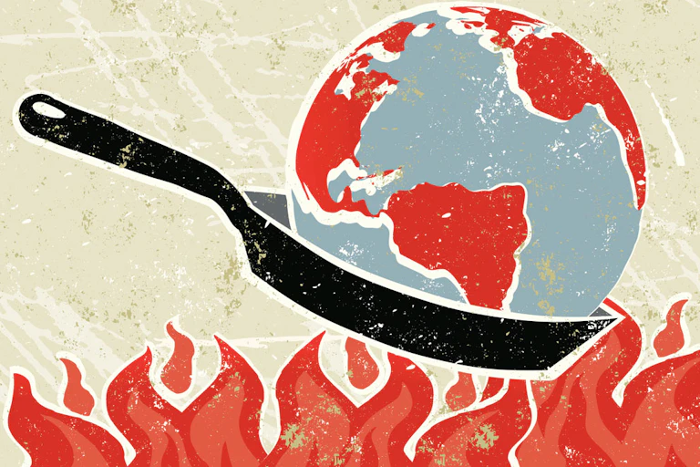 Ilustración de la Tierra en una sartén sobre el fuego.