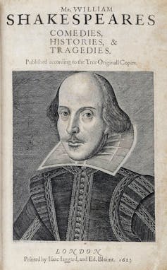 The title page of the First Folio of Shakespeare's plays featuring a portrait of a balding Shakespeare.
