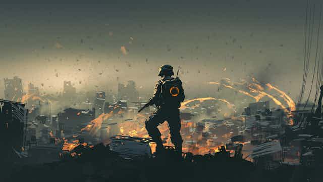 A soldier stands in a destroyed city landscape. 