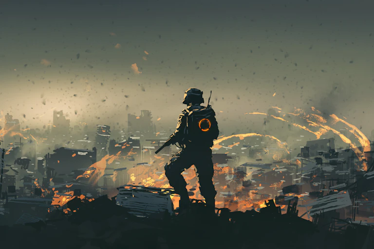 A soldier stands in a destroyed city landscape.