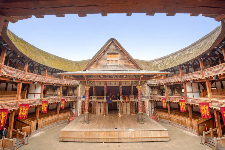 Interior shot of Shakespeare's open air Globe theatre showing its round shape.