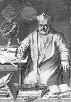 A black and white engraving showing Calvius with mathematical tools. He wears a clock and pointed hat.