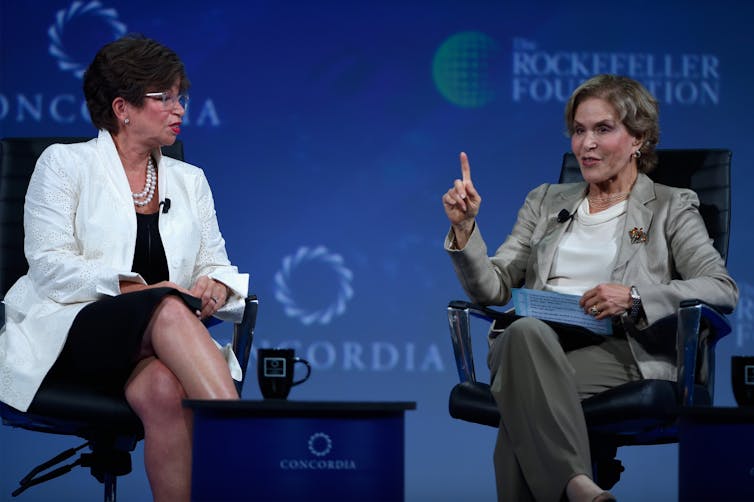 Former Obama adviser Valerie Jarrett and former UPenn President Judith Rodin talk on a stage