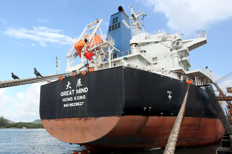 A ship being loaded at a Brazilian port.