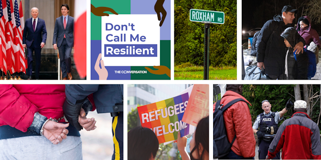 A photo collage depicts Biden and Trudeau, the DCMR logo, a street sign for Roxham Rd., a father comforting his son at the border, RCMP officials greeting migrants, a protest sign that says Refugees Welcome, a closeup of a man's hands in handcuffs.