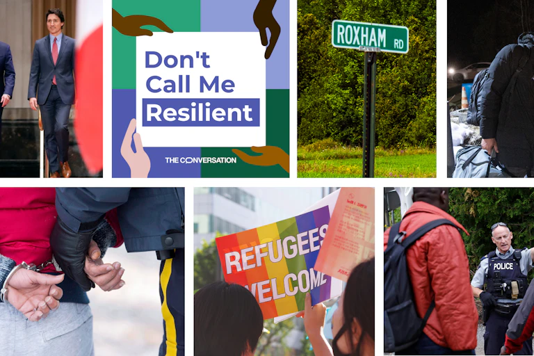 A photo collage depicts Biden and Trudeau, the DCMR logo, a street sign for Roxham Rd., a father comforting his son at the border, RCMP officials greeting migrants, a protest sign that says Refugees Welcome, a closeup of a man's hands in handcuffs.