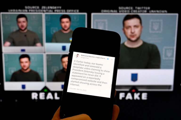 a phone screen displaying text with a computer screen in the background showing four images of the same person on the left and a larger image of the same person on the right