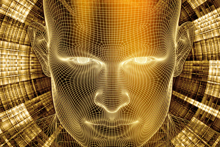 Wireframe image of a human face in gold and white hues on a futuristic background