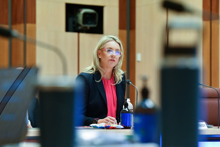 Bridget McKenzie, sports minister in the Morrison government, appears before the Administration of Sports Grants Senate inquiry at Parliament House in Canberra, February 12 2021.