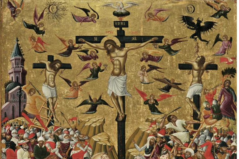 An ornate painting: three people on crosses, angels in the air and a mass of bodies below.