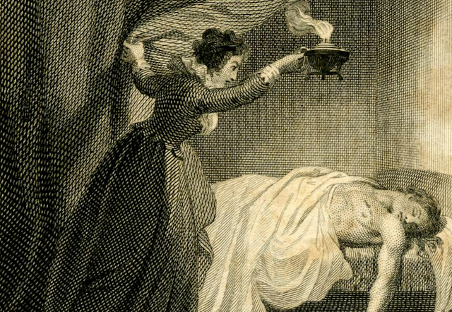 Un hombre tumbado en una cama con los ojos cerrados, una mujer de pie a su lado sosteniendo una vela con la mano derecha y abriendo una cortina con la izquierda.