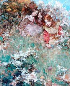 A painting showing three young girls rolling dyed blue eggs in the grass on a spring day.