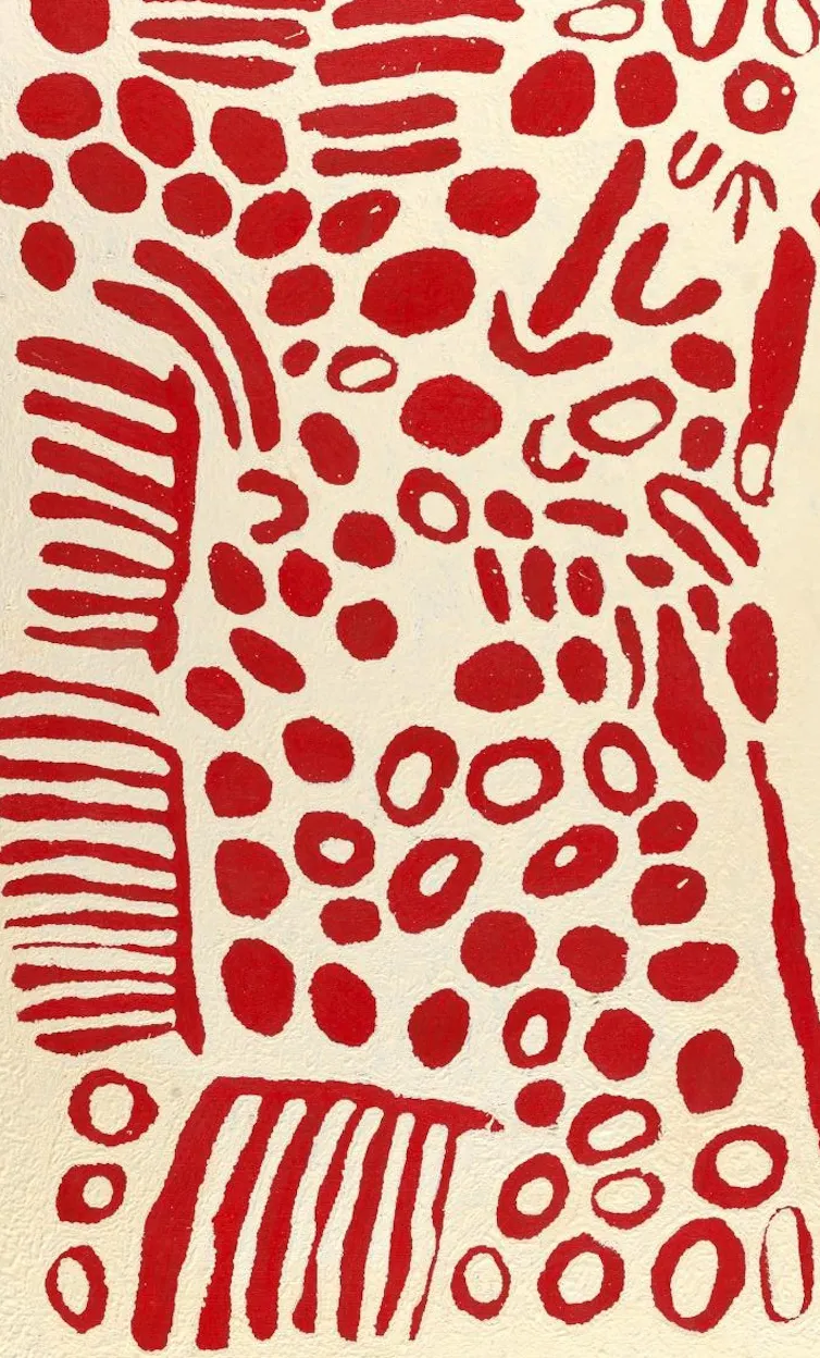 Painting illustrates women's work and ceremonial associations with termites and pavements.