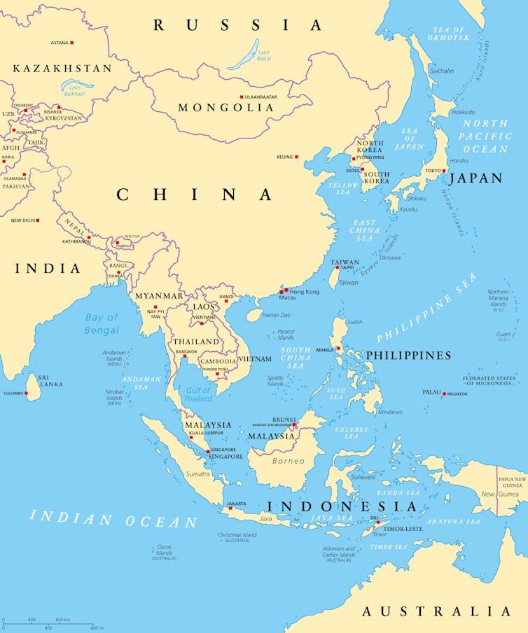 Map of Asia showing position of Mongolia, Russia and China.