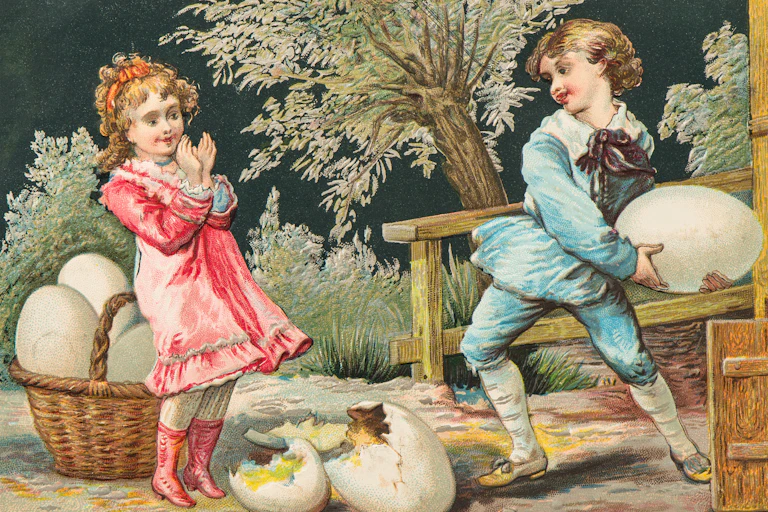 A little girl in a pink dress tries to catch huge eggs thrown by a boy dressed all in blue.