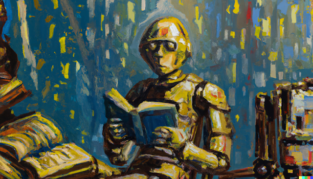 peinture d'un robot qui lit un livre