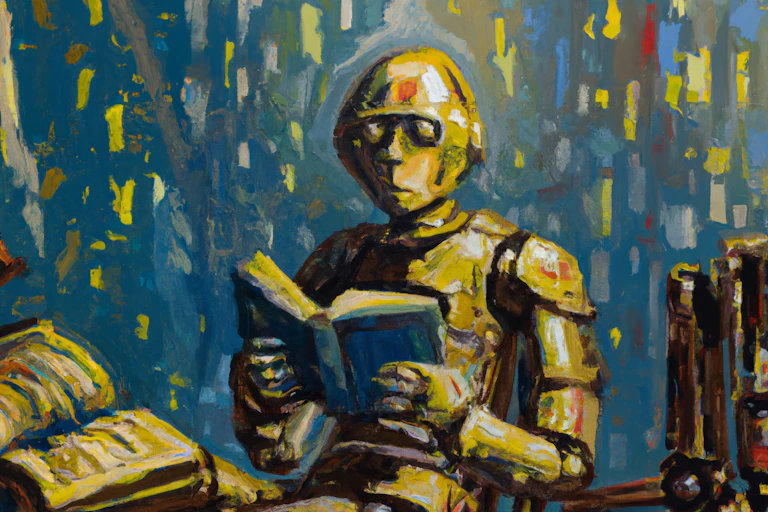 peinture d'un robot qui lit un livre