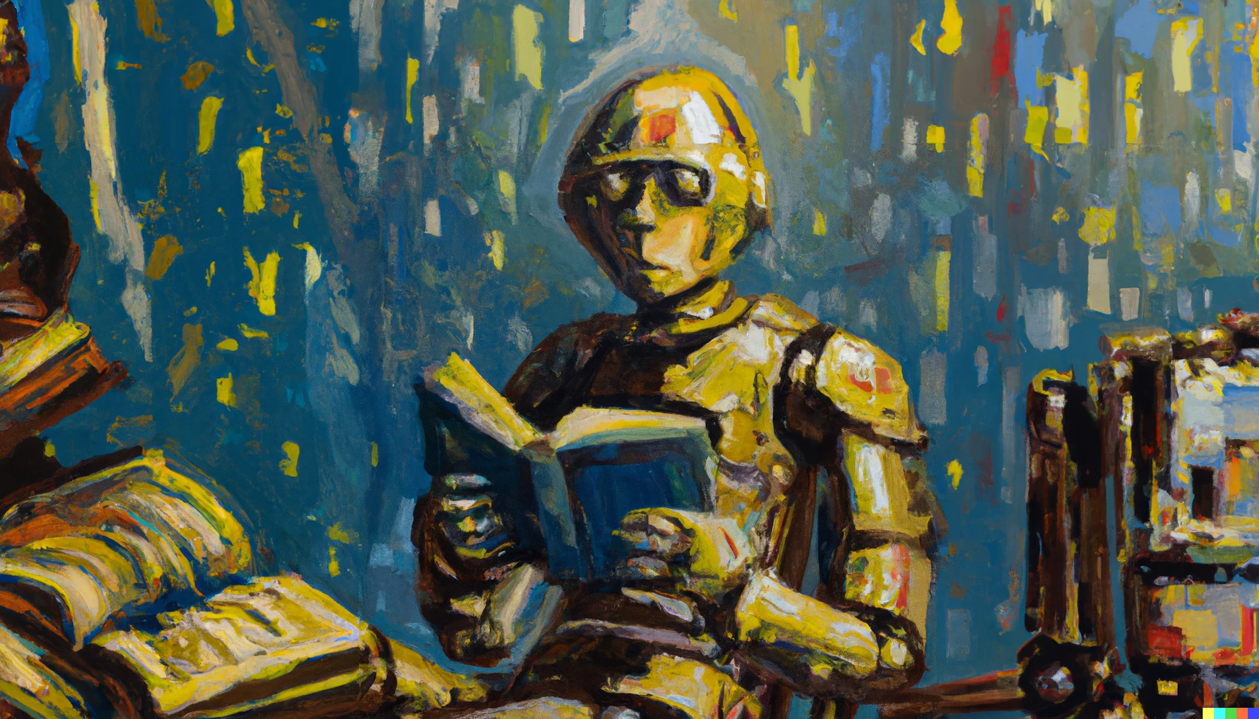 peinture d'un robot qui lit un livre